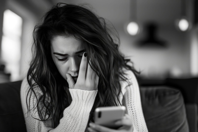 Upset woman reading troubling news updates on mobile device